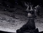  1boy armor boots elden_ring from_side full_armor gideon_ofnir greyscale hands_up helm helmet highres kneeling laszewelf monochrome ornate_armor solo spiked_helmet too_many_eyes 