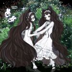  2girls ankle_socks black_bow black_ribbon black_shoes bow bow_hairband brown_hair closed_mouth collar commentary_request commission crescent_moon dancing dot_nose dress empty_eyes english_text expressionless flower flower_bush frilled_dress frilled_socks frills full_body grass green_eyes hair_intakes hairband hand_grab head_tilt high_heels juliet_sleeves lily_pad lolita_hairband long_dress long_hair long_sleeves looking_at_viewer looking_to_the_side mary_janes moon multiple_girls neck_ribbon night original outdoors pale_skin pink_flower puffy_sleeves purple_eyes rabbit ribbon ribbon-trimmed_hairband shoes short_bangs siblings sidelocks sisters skeb_commission sleeves_past_wrists smile socks sparkle takokawayoi tareme thank_you twins very_long_hair wavy_hair white_collar white_dress white_flower white_hairband white_socks 