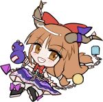  1girl black_shoes blunt_bangs blush bow bowtie brown_eyes brown_hair brown_horns chain chibi chibi_only cube footwear_bow frilled_wrist_cuffs frills full_body grin hair_bow horn_ornament horn_ribbon horns ibuki_suika long_hair looking_at_viewer mirei_(miirei) purple_bow purple_ribbon purple_skirt red_bow red_bowtie ribbon shirt shoes simple_background sitting skirt sleeveless sleeveless_shirt smile solo touhou transparent_background white_shirt wrist_cuffs 