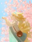  1girl animal_ears arknights bag blonde_hair blue_hairband blue_skirt brown_bag cardigan cherry_blossoms commentary_request cross-laced_clothes cross-laced_skirt extra_ears falling_petals fox_ears fox_girl fox_tail frilled_hairband frills from_side green_eyes hairband highres kitsune kyuubi long_hair long_sleeves motoha multiple_tails neck_ribbon official_alternate_costume open_cardigan open_clothes open_mouth outdoors petals puffy_long_sleeves puffy_sleeves red_ribbon ribbon shoulder_bag skirt solo spring_(season) suzuran_(arknights) suzuran_(spring_praise)_(arknights) tail teeth upper_teeth_only yellow_cardigan 