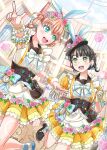  2girls :d absurdres animal_ear_headwear animal_ears arcadia_gwsns72 averting_eyes black_corset black_hair black_shoes blue_bow blue_socks blush bow braid buttons cerise_bouquet commentary_request corset double-breasted flower frilled_shirt frills fushigi_to_kimi_to_library gloves green_eyes hair_bow highres hinoshita_kaho holding holding_pocket_watch leg_up looking_at_another love_live! love_live!_hasu_no_sora_jogakuin_school_idol_club momose_ginko multiple_girls open_mouth orange_hair pink_flower pink_rose pocket_watch pointing rabbit_ear_headwear rabbit_ears rose shirt shoes skirt sleeveless sleeveless_shirt smile socks sweatdrop teeth twin_braids upper_teeth_only virtual_youtuber watch white_gloves white_shirt white_socks yellow_skirt 