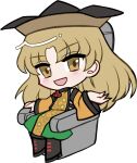  1girl :d black_boots blonde_hair blush boots brown_hat chair chibi chibi_only full_body green_skirt hat long_hair long_sleeves looking_at_viewer matara_okina mirei_(miirei) open_mouth orange_tabard parted_bangs simple_background sitting skirt smile solo tabard touhou transparent_background wide_sleeves yellow_eyes 