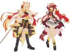  2girls absurdres aiguillette animal_ears badge black_boots black_coat black_overskirt black_skirt blonde_hair blue_eyes boots closed_mouth coat colored_bangs commentary cosplay crossbow crossed_legs curtained_hair diamond_(shape) ear_covers epaulettes feather_hair_ornament feathers floating_headgear full_body fur-trimmed_jacket fur_trim green_eyes grey_skirt h_vror hair_between_eyes hair_ornament hair_ribbon hand_up headgear highres holding holding_crossbow holding_sword holding_weapon horse_ears horse_girl horse_tail horseshoe_print invisible_floor jacket jacket_on_shoulders lapels long_hair long_sidelocks long_sleeves looking_at_viewer multicolored_coat multicolored_hair multiple_girls open_mouth orange_hair orfevre_(umamusume) overskirt red_coat red_hair red_jacket red_ribbon ribbon sash shirt shoujo_kageki_revue_starlight shoulder_sash sidelocks simple_background single_ear_cover skirt sparkle standing streaked_hair striped_ribbon sword tail tassel thigh_boots two-sided_coat two-sided_fabric two-sided_skirt two-tone_coat two-tone_ribbon two-tone_skirt umamusume very_long_hair waist_cape watson_cross weapon white_background white_hair white_jacket white_overskirt white_ribbon white_shirt white_streaks win_variation_(umamusume) yellow_trim 