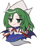  1girl blue_skirt blush chibi chibi_only closed_mouth commentary_request demon_wings full_body ghost_tail green_eyes green_hair hat highly_responsive_to_prayers holding holding_knife knife long_hair looking_at_viewer mima_(touhou) mirei_(miirei) shirt short_sleeves simple_background skirt smile solo touhou touhou_(pc-98) transparent_background white_hat white_shirt wings wizard_hat 