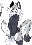 ahoge anthro balls bangs big_balls big_penis black_clothing black_legwear black_stockings black_sweater black_topwear bodily_fluids bottomless bottomless_anthro bottomless_male cheek_tuft clothed clothing colored colored_sketch digital_drawing_(artwork) digital_media_(artwork) erection eyelashes facial_tuft felid genitals hair huge_balls huge_penis humanoid_genitalia humanoid_penis hyper hyper_balls hyper_genitalia hyper_penis legwear long_hair male mammal nervous nervous_sweat pantherine penis shaded shiyaa_stuff simple_background sketch snow_leopard solo stockings sweat sweater tail topwear tuft vein veiny_penis white_background
