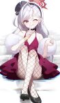  1girl :q ;q absurdres amano_hagoromo black_hairband black_shoes blue_archive bow bow_choker choker commentary_request dress earrings finger_to_mouth fishnet_pantyhose fishnets fur_shawl grey_hair hairband halo high_heels highres jewelry long_hair looking_at_viewer mutsuki_(blue_archive) mutsuki_(dress)_(blue_archive) official_alternate_costume one_eye_closed pantyhose pearl_earrings pointy_ears purple_eyes red_dress red_halo shawl shoes shushing sitting sleeveless sleeveless_dress solo tongue tongue_out 