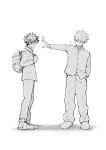  2boys backpack bag bakugou_katsuki boku_no_hero_academia buttons closed_mouth freckles full_body gakuran greyscale hand_in_pocket highres male_focus midoriya_izuku monochrome multiple_boys school_uniform shoes short_hair simple_background spiked_hair standing ukiruki_895 white_background 