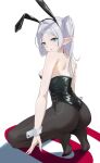  1girl absurdres animal_ears ass black_corset black_pantyhose commentary corset earrings elf frieren green_eyes highres jewelry kneeling lilin_(pixiv_25958194) long_hair looking_at_viewer pantyhose petite playboy_bunny pointy_ears rabbit_ears sousou_no_frieren twintails white_hair wrist_cuffs 