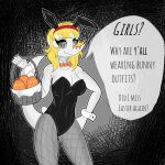 1:1 abstract_background absurd_res acrocanthosaurus allosauroid alternate_costume annoyed anthro basket biped black_clothing black_topwear blonde_hair bow_tie breasts bunny_costume carcharodontosaurid cavemanon_studios clothed clothed_anthro clothed_female clothing collar container costume cuffs_(clothing) dialogue dinosaur easter egg english_text fake_ears female fingers fishnet_clothing fishnet_legwear freckled_shoulders freckles front_view gothgator0 grey_body grey_eyes hair hand_on_hip heather_(snoot_game) hi_res holding_basket holding_container holding_object holidays humanoid_hands legwear long_hair looking_forward markings medium_breasts non-mammal_breasts orange_body orange_bow_tie portrait pose prehistoric_species reptile restricted_palette saurischian scalie snoot_game solo speech_bubble striped_markings stripes tail talking_to_viewer text theropod three-quarter_portrait topwear