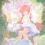  1girl absurdres ahoge arm_up baby_animal commentary_request dress green_eyes highres kou_koufu lamb looking_at_viewer low_twintails open_mouth original plant red_hair sheep sitting solo twintails waving white_dress 