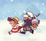  2boys arm_up black_coat black_hair blue_hat chibi chibi_only chunafishy coat commentary english_commentary hat holding holding_sword holding_weapon long_sleeves male_focus mittens monkey_d._luffy multiple_boys one_piece open_mouth purple_mittens running sandals short_hair straw_hat striped_coat sword tony_tony_chopper trafalgar_law weapon white_hat winter 