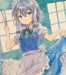  1girl absurdres apron bow bowtie braid closed_mouth collared_shirt commentary_request dress green_bow green_bowtie grey_eyes grey_hair hair_between_eyes hair_bow highres holding holding_knife holding_own_dress izayoi_sakuya knife long_hair looking_at_viewer maid maid_headdress painting_(medium) pinafore_dress puffy_short_sleeves puffy_sleeves shirt short_sleeves sleeveless sleeveless_dress smile solo touhou traditional_media twin_braids twitter_username utako_(kuromosuki) waist_apron watercolor_(medium) white_apron white_shirt 