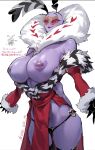  1girl :3 :d animal_print arms_at_sides arthropod_girl bald bald_female black_feathers black_gloves black_panties black_thighhighs breasts colored_sclera colored_skin commentary_request cowboy_shot demon_girl echigoya_takeru extra_arms fang feathers from_below fur-trimmed_robe fur-trimmed_sleeves fur_trim genderswap genderswap_(mtf) gloves groin hazbin_hotel heart heart-shaped_areolae heart-shaped_eyewear heart_print hellaverse highres huge_breasts long_sleeves looking_at_viewer lowleg lowleg_panties moth_girl narrow_waist neck_fur nipple_piercing nipples no_ears open_mouth panties pelvic_curtain piercing pink-tinted_eyewear purple_skin raised_eyebrows red_robe red_sclera robe simple_background smile solo standing sunglasses tareme thick_eyelashes thighhighs tinted_eyewear translation_request underwear valentino_(hazbin_hotel) vox_(hazbin_hotel) white_background white_feathers yellow-framed_eyewear zebra_print 