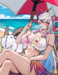  1girl armlet bare_arms bare_shoulders beach beach_umbrella bikini blue_hair blush breasts chair cleavage collarbone colored_inner_hair commentary commission crossed_legs curled_horns deck_chair english_commentary fire_emblem fire_emblem_heroes flower flower_necklace folding_chair food food_on_body food_on_breasts freyja_(fire_emblem) freyja_(summer)_(fire_emblem) goat_horns hand_on_own_thigh hand_up highres holding holding_food holding_popsicle horn_ornament horns huge_breasts inflatable_toy jewelry large_horns long_hair looking_at_viewer multicolored_hair navel ocean official_alternate_costume outdoors popsicle red_eyes red_horns rein_creamsoda second-party_source sitting stomach swimsuit thick_thighs thighs two-tone_hair umbrella very_long_hair white_bikini white_hair 