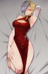  1girl armpits barefoot bed_sheet blonde_hair blush boku_no_hero_academia breasts bridal_gauntlets china_dress chinese_clothes cleavage cleavage_cutout clothing_cutout covered_navel dress grin half_mask highres large_breasts looking_at_viewer lying mask on_back orange_eyes pelvic_curtain ratatatat74 red_dress ryuukyuu sharp_teeth short_hair smile solo teeth thighs 