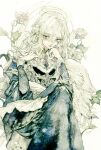  1girl 7na5go black_dress dress flower hair_intakes halo hand_on_own_chin light_smile lineart long_dress long_hair original painting_(medium) shawl sitting solo traditional_media watercolor_(medium) white_hair wings 