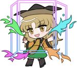  1girl :d black_boots blonde_hair blush boots brown_hat chibi chibi_only full_body green_skirt hands_up hat long_hair long_sleeves looking_at_viewer matara_okina mirei_(miirei) open_mouth orange_tabard parted_bangs polka_dot polka_dot_skirt simple_background skirt smile solo standing tabard touhou transparent_background wide_sleeves yellow_eyes 
