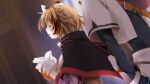 1boy 1girl alto_travers animal_ears animal_hands atelier-moo belt black_capelet blurry blurry_background breasts brown_bustier brown_hair bustier capelet cat_ears cat_girl cat_paws cat_tail colored_tips cropped_jacket dutch_angle feline_sora flipped_hair fluffy_hands game_asset gloves hair_between_eyes highres jacket large_breasts long_sleeves multicolored_gloves multicolored_hair non-web_source official_art out_of_frame own_hands_together profile self-datamine short_hair standing tail two-tone_gloves visual_novel_cg white_gloves white_jacket wizards_symphony 