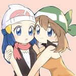  2girls bandana beanie black_collar blue_eyes brown_hair collar commentary_request dawn_(pokemon) floating_scarf green_bandana hand_on_another's_arm hat highres looking_at_viewer may_(pokemon) medium_hair multiple_girls open_mouth orange_shirt pokemon pokemon_(anime) pokemon_the_series:_diamond_and_pearl red_scarf scarf shirt simple_background sleeveless smile white_hat xrqu2xk8qb47501 