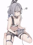  1girl bandaid bandaid_on_leg barefoot black_shorts breasts coa_(35_seno) commentary controller drill_hair game_controller grey_eyes grey_hair hair_intakes highres holding holding_controller holding_game_controller honkai:_star_rail honkai_(series) long_hair midriff navel playing_games playing_video_games short_shorts shorts silver_wolf_(honkai:_star_rail) simple_background sitting small_breasts solo squiggle tank_top thighs wariza white_background white_tank_top 