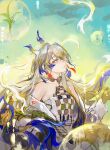  1girl absurdres arknights bare_shoulders blue_streaks bubble chinese_commentary commentary_request dragon_girl dragon_horns earrings grey_hair hair_between_eyes highres horns jewelry long_hair long_sleeves looking_up multicolored_hair parted_lips plant pointy_ears profile shu_(arknights) sky solo streaked_hair upper_body xiangchizhubijin 