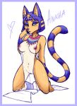  &lt;3 absurd_res animal_crossing ankha_(animal_crossing) anthro big_breasts blue_hair breasts clothed clothing domestic_cat egyptian felid feline felis female fur genitals hair hi_res mammal mostly_nude naaraskettu navel nintendo nipples nude pussy solo translucent translucent_clothing uraeus video_games yellow_body 