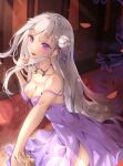  1girl absurdres artist_name bare_shoulders blush breasts cleavage dancing dress emilia_(re:zero) grey_hair hair_ribbon hand_grab hand_up highres justjast open_mouth outstretched_arm purple_dress purple_eyes re:zero_kara_hajimeru_isekai_seikatsu ribbon side_slit 