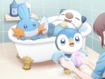  afloat bathtub closed_eyes commentary_request highres holding holding_sponge monaka_(hc_pkmn) mudkip oshawott piplup pokemon pokemon_(creature) pokemon_focus sponge washing_another 