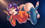  1girl absurdres ass blue_gloves breasts brown_eyes commentary croissama feet foreshortening gloves highres jacket juno_(overwatch) large_breasts looking_at_viewer multicolored_gloves multicolored_hair nail_polish orange_gloves orange_jacket outdoors overwatch purple_hair short_hair soles solo space star_(sky) stirrup_legwear toeless_legwear toenail_polish toenails toes two-tone_gloves two-tone_hair 