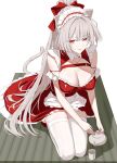  1girl absurdres alternate_costume animal_ears apron bangko bow breasts cat_ears cat_girl cat_tail cleavage closed_mouth colored_eyelashes commentary_request cup dress enmaided hair_bow highres hiyuki_(wuthering_waves) holding holding_teapot kemonomimi_mode korean_commentary large_breasts looking_at_viewer maid maid_headdress ponytail red_bow red_dress red_eyes seiza sitting solo tail teapot thighhighs thighs white_background white_eyelashes white_hair white_thighhighs wuthering_waves yunomi 