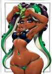  1girl aqua_eyes armpits arms_up bikini black_bikini black_hair breasts cameltoe cephalopod_eyes character_name cleavage cleavage_cutout clothing_cutout collarbone colored_extremities commentary_request covered_nipples cowboy_shot dark-skinned_female dark_skin gem gradient_hair green_bikini green_eyes green_gem green_hair highres koharu2.5 linea_alba long_hair looking_at_viewer marina_(splatoon) medium_breasts mole mole_under_mouth multicolored_hair narrow_waist navel navel_piercing piercing pink_pupils red_lips simple_background solo splatoon_(series) splatoon_2 steaming_body stomach suction_cups swimsuit thick_eyebrows thighs underboob very_long_hair white_background wide_hips 