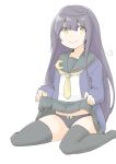  1girl akara_kai armband black_hair black_panties black_sailor_collar black_skirt black_thighhighs blue_jacket blush bow bow_panties commentary_request crescent crescent_hair_ornament crescent_pin hair_ornament highres jacket kantai_collection long_hair long_sleeves looking_at_viewer mikazuki_(kancolle) neckerchief necktie original_remodel_(kantai_collection) panties pantyshot sailor_collar school_uniform serafuku sitting skirt smile solo thighhighs underwear wariza white_background yellow_eyes yellow_neckerchief yellow_necktie 