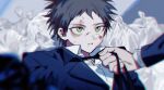  1boy 1other bag black_hair blood blood_on_face blue_jacket bruise bruise_on_face clothes_grab collared_shirt danganronpa_(series) danganronpa_2:_goodbye_despair green_eyes hair_between_eyes highres hinata_hajime injury jacket lapels layered_sleeves long_sleeves lunapur261438 male_focus necktie necktie_grab neckwear_grab notched_lapels open_collar out_of_frame parted_lips plastic_bag sanpaku shirt solo_focus suit_jacket swollen trash_bag white_shirt wing_collar 