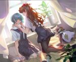  2girls absurdres ayanami_rei backlighting bed bedroom black_pantyhose blue_eyes blue_hair blue_skirt brown_hair character_doll character_name chinese_commentary closed_mouth commentary_request curtains doll dutch_angle eewing expressionless flower_pot full_body hairpods hands_up head_tilt highres holding holding_scissors ikari_shinji indoors interface_headset_(evangelion) kneeling long_hair looking_at_another looking_at_viewer multiple_girls neon_genesis_evangelion no_shoes on_bed pantyhose parted_lips penpen pillow pink_eyes plant potted_plant red_ribbon redrawn ribbon school_uniform scissors shirt short_hair short_sleeves skirt smile souryuu_asuka_langley stuffed_animal stuffed_penguin stuffed_toy stuffing suspender_skirt suspenders tokyo-3_middle_school_uniform torn_stuffed_toy white_shirt window yuri 
