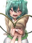  1girl blush brown_sweater bulbasaur commentary_request fingernails foreshortening green_hair green_skirt gyaru gyaru_bulbasaur gyaru_bulbasaur_(shin_no_tenpii) gyaru_v heart highres kogal korean_commentary long_sleeves looking_at_viewer medium_hair miniskirt open_collar personification pleated_skirt pokemon pokemon_pokopia red_eyes revision school_uniform shirt simple_background sitting skirt smile solo sparkle sweater thighhighs v wariza white_background white_shirt white_thighhighs wldud9_9 