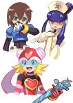  1girl aile_(mega_man_zx) blonde_hair blush bodysuit breasts brown_hair gloves green_eyes guitar harp_note_(mega_man) hat heart helmet highres instrument layered_sleeves long_sleeves looking_at_viewer meddy.exe_(mega_man) mega_man_(series) mega_man_zx model_x_(mega_man) netnavi nurse nurse_cap open_mouth robot_ears scarf short_hair short_sleeves simple_background skin_tight small_breasts smile sonia_strumm_(mega_man) spandex teeth tesshii_(riza4828) tinted_eyewear upper_body upper_teeth visor white_background 