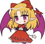  1girl arms_behind_back bat_wings blonde_hair blush bow bowtie chibi chibi_only closed_mouth commentary_request elis_(touhou) flower frilled_skirt frills full_body hair_bow hair_flower hair_ornament holding holding_wand long_hair long_skirt looking_at_viewer mirei_(miirei) parted_bangs pointy_ears purple_eyes purple_shoes red_bow red_bowtie red_flower red_skirt shirt shoes sidelocks simple_background skirt solo standing touhou touhou_(pc-98) transparent_background wand white_shirt wings 