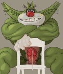 absurd_res anthro balls big_penis bodily_fluids body_hair chair domestic_cat dripping erection facial_markings felid feline felis fur furniture genital_fluids genitals glans green_body green_fur grey_eyelids hairy_balls head_markings hi_res jack_(oggy_and_the_cockroaches) light_belly looking_at_viewer male mammal manly markings muscular muscular_arms muscular_legs muscular_male muzzle_(marking) oggy_and_the_cockroaches penis pink_penis precum precum_drip ravuer red_glans red_nose simple_background sitting sitting_backwards small_waist smile solo stubble thick_penis vein veiny_penis whiskers