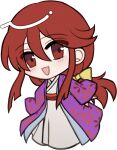  1girl :d blush bow chibi chibi_only double-parted_bangs full_body hair_between_eyes hair_bow japanese_clothes kimono kotohime_(touhou) long_hair long_sleeves looking_at_viewer mirei_(miirei) open_mouth purple_kimono red_eyes red_hair simple_background smile solo standing touhou touhou_(pc-98) transparent_background wide_sleeves yellow_bow 