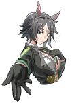  1girl absurdres ahoge animal_ears belt black_gloves black_hair black_jacket black_necktie blue_eyes breasts brown_belt center_frills center_opening collared_shirt commentary_request cropped_torso frilled_shirt frills fuji_kiseki_(shooting_star_revue)_(umamusume) fuji_kiseki_(umamusume) gloves highres horse_ears horse_girl jacket long_sleeves looking_at_viewer multicolored_hair necktie no_bra ohayonabeno parted_lips shirt short_hair simple_background smile solo umamusume white_background white_shirt 