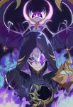  1boy absurdres armor black_sclera black_shirt blue_eyes blue_fire closed_mouth collared_shirt colored_sclera commentary cracked_skin crossover english_commentary fangs fire hazozoyaku highres honkai:_star_rail honkai_(series) hood hood_up lunala male_focus one_eye_covered pauldrons phainon_(flame_reaver)_(honkai:_star_rail) phainon_(honkai:_star_rail) pokemon pokemon_(creature) purple_eyes purple_fire shirt short_hair shoulder_armor single_pauldron solo upper_body white_hair wings 