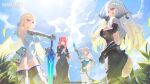  4girls absurdres angel_wings animal_ears armor armored_skirt ass bare_shoulders blade_(brown_dust) blonde_hair blue_eyes breasts brown_dust_(series) brown_dust_2 closed_mouth commentary covered_navel detached_sleeves domi_(hongsung0819) eyebrows_hidden_by_hair gauntlets hair_ornament highres justia_(brown_dust) justia_(reclaimed_destiny)_(brown_dust) large_breasts leotard liberta_(brown_dust) long_hair medium_hair multiple_girls rabbit_ears red_eyes second-party_source small_horns tyr_(brown_dust) white_hair white_leotard wings 