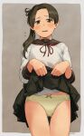  1girl anchor_symbol ayanami_(kancolle) banned_artist black_skirt blush brown_eyes brown_hair clothes_lift flying_sweatdrops hair_ribbon highres kantai_collection lifted_by_self long_hair long_sleeves looking_at_viewer makio_(makiomeigenbot) panties parted_lips pleated_skirt ponytail ribbon sailor_collar school_uniform serafuku side_ponytail signature simple_background skirt skirt_lift solo symbol-only_commentary two-tone_background underwear yellow_panties 