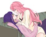  2girls animal_ears black_bra bra cherumimi commentary couch dress english_commentary eye_contact fox_ears genshin_impact glasses highres hood hoodie long_hair looking_at_another lying multiple_girls on_couch purple_eyes purple_hair purple_hoodie raiden_shogun sitting sitting_on_person underwear white_dress yae_miko yuri 