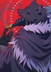  1boy animal_ears black_fur blaidd_the_half-wolf cape closed_mouth commentary_request elden_ring fangs fangs_out furry furry_male greatsword highres holding holding_sword holding_weapon kanato_(sakehabera) looking_at_viewer looking_up male_focus over_shoulder red_background scar scar_on_face sword sword_over_shoulder weapon weapon_over_shoulder wolf_boy wolf_ears 