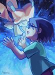  1boy aonik artist_name black-framed_eyewear black_hair closed_eyes commentary english_commentary from_side glasses green_shirt happy_tears jirachi male_focus max_(pokemon) open_mouth pokemon pokemon:_jirachi:_wish_maker pokemon_(anime) pokemon_(creature) pokemon_the_series:_ruby_and_sapphire shirt short_hair short_sleeves solo tears 