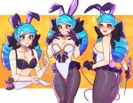  ! 1girl :d alternate_costume animal_ears ass bangs bare_arms bare_shoulders black_bra black_legwear blue_hair blush blushy-pixy bra breasts cleavage fake_animal_ears gradient_hair groin gwen_(league_of_legends) happy heart holding league_of_legends leotard long_hair medium_breasts multicolored_hair multiple_views needle notice_lines orange_background pantyhose playboy_bunny playboy_bunny_leotard rabbit_ears sewing_needle smile stitches teeth two-tone_hair underwear upper_teeth white_background 