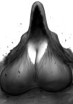  1girl absurdres black_dress bloodborne breast_focus breasts cleavage commentary_request crack cracked_floor destruction dress faceless faceless_female faceless_hood gigantic_breasts greyscale highres hood mergo's_wet_nurse mo_mi_sa_ki monochrome pale_skin puddle solo splashing water white_background 