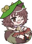  1girl :d ;d animal_ears bell black_sandals bloomers blush brown-framed_eyewear brown_eyes brown_hair brown_shirt brown_skirt chibi chibi_only full_body futatsuiwa_mamizou green_hat hand_up hat jingle_bell leaf leaf_on_head looking_at_viewer mirei_(miirei) okobo one_eye_closed open_mouth pince-nez platform_sandals raccoon_ears raccoon_girl raccoon_tail sandals semi-rimless_eyewear shirt short_hair short_sleeves simple_background sitting sitting_on_own_tail skirt smile solo tail touhou transparent_background under-rim_eyewear white_bloomers 