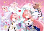  2girls :q ;q absurdres aemeath_(wuthering_waves) aemeath_(young)_(wuthering_waves) ahoge arm_up breasts chinese_commentary commentary_request dress dual_persona elbow_gloves gloves hair_ornament hand_up highres large_breasts le_wen long_hair long_sleeves looking_at_viewer multiple_girls one_eye_closed open_mouth orange_eyes pink_hair remnant_cube_(wuthering_waves) seal_(animal) smile stuffed_animal stuffed_cat stuffed_toy tongue tongue_out white_dress white_gloves wuthering_waves 